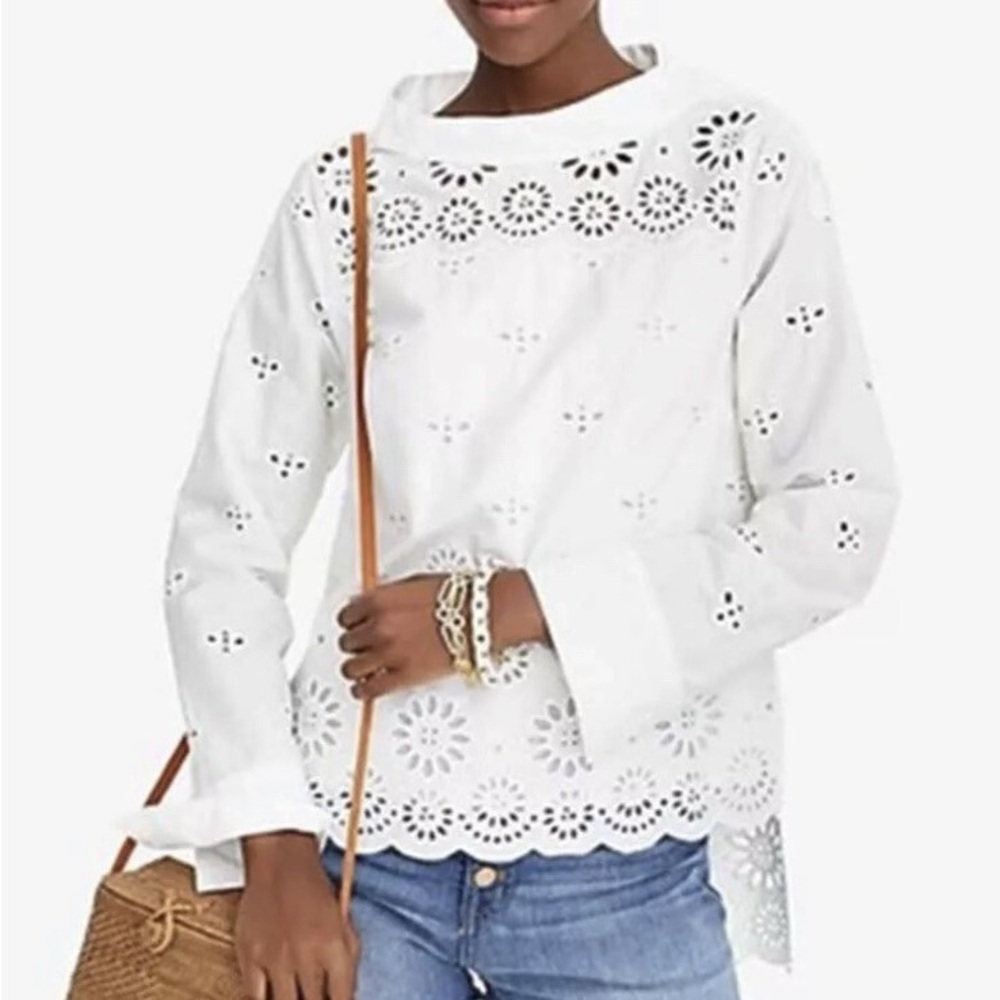 J.crew White Eyelet Lace Long Sleeve Top 00p NWT - Picture 2 of 11